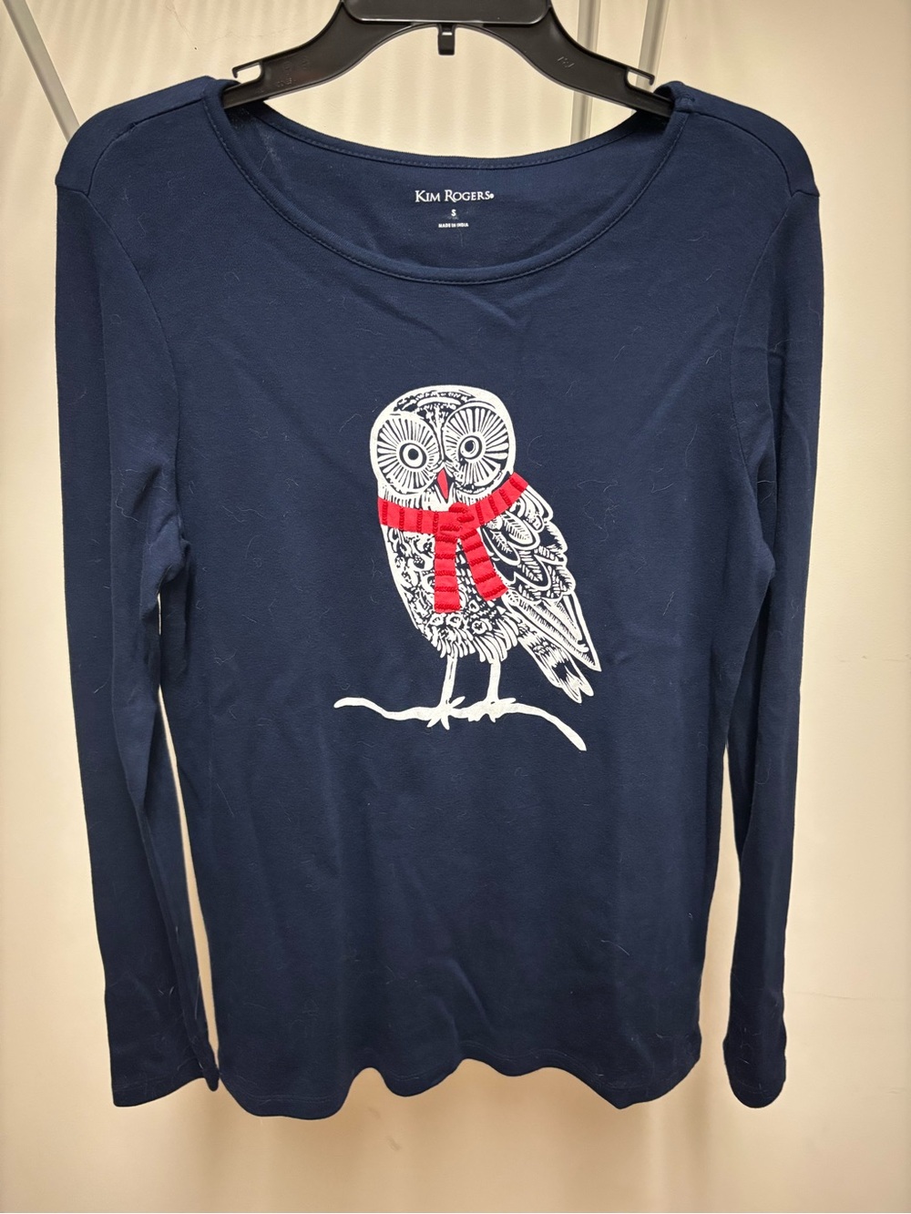 Kim Rogers Navy Long-Sleeve Tee with White Owl and Red Scarf